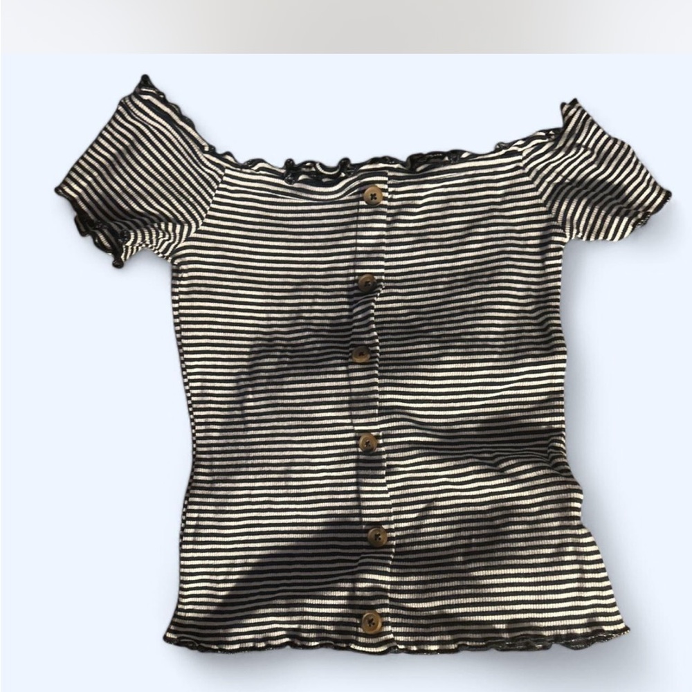 Striped Off-Shoulder Button-Up Top